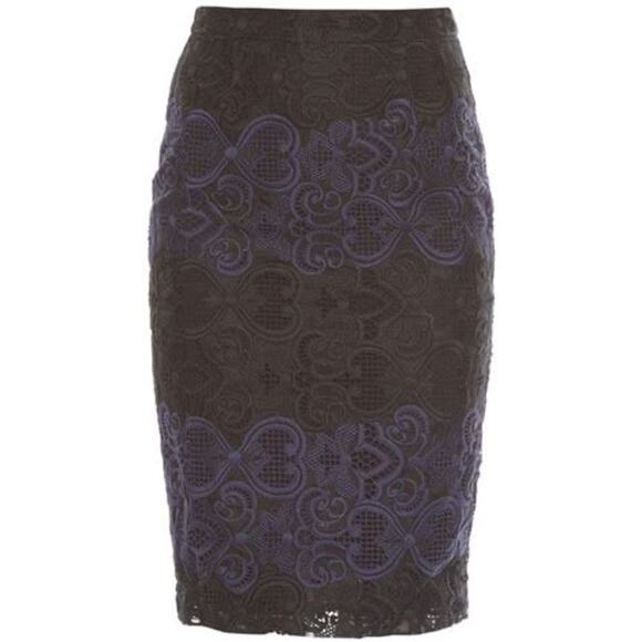 A.L.C Black Blue Embroidered Indian Silk Pencil Skirt Size 0